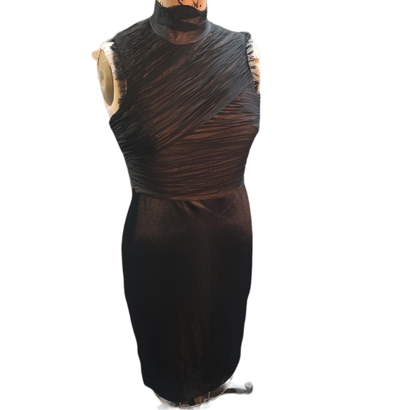 Vera Wang Black Nude Silk Chiffon Mock Neck Ruched Sheath Dress Size 12 - Picture 1 of 10